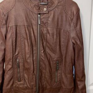 Jou Jou Women’s Brown Faux Leather Moto Jacket Size Medium like new. Used once.
